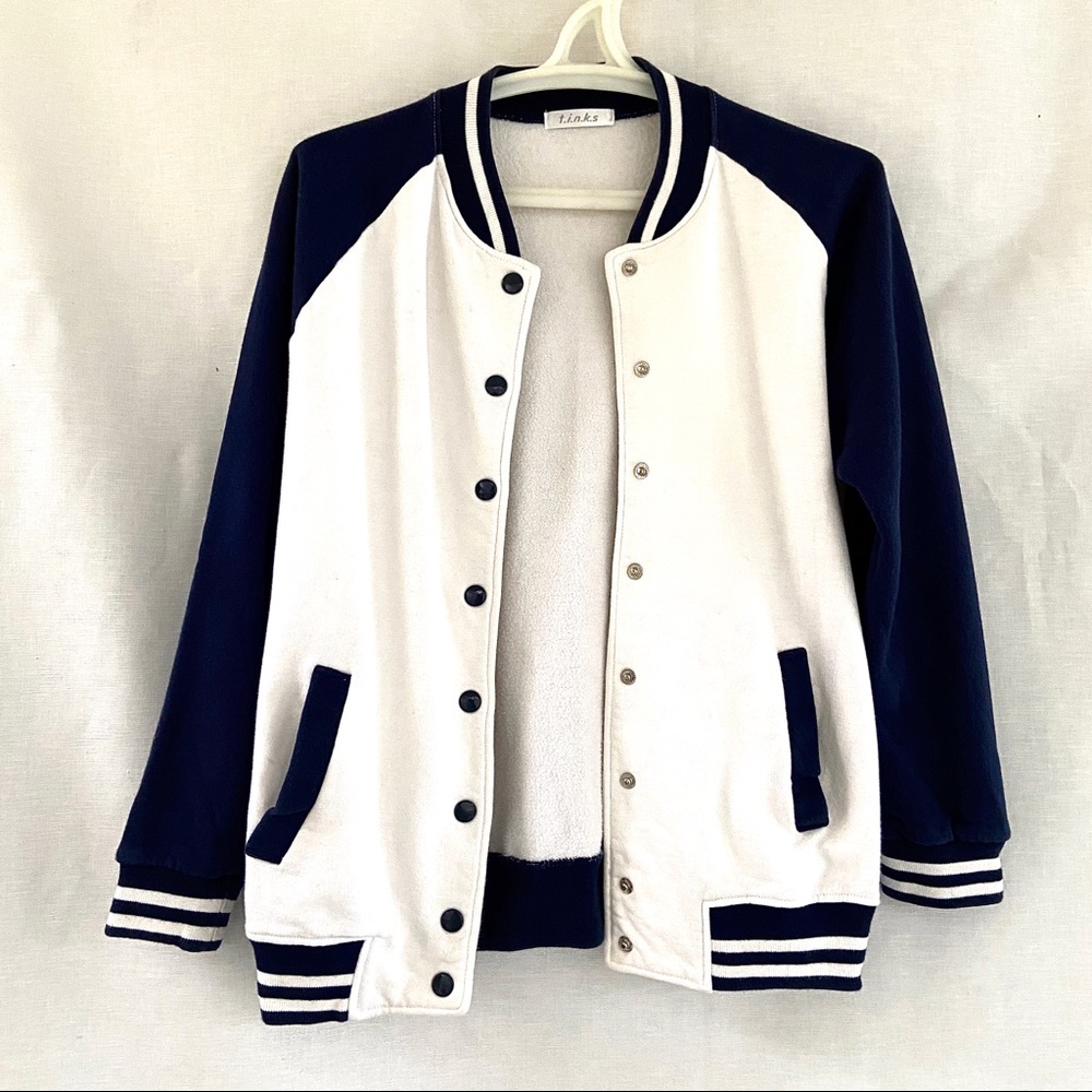 Navy & White Letterman Style Bomber Jacket w Pockets size Medium 100% Cotton